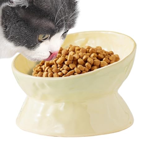 Hundenapf Erhöhter Katzenfutternapf | Erhöhter Futter- und Wassernapf | Schnurrhaarfreundlicher Futternapf for Katzen mit flachem Gesicht und Hauskatzen(Cream yellow oblique mouth trumpet) von LSDLOUYAQNG