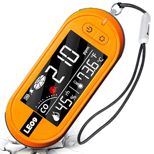 LSENLTY Tragbare CO-Detektoren unterstützen 500 Stunden Standby-Zeit, 3-in-1-CO-Detektor (Temperatur, Luftfeuchtigkeit und CO), Alarmfunktion und Lanyard-Design für Camping, Reisen, Autos, Orange von LSENLTY