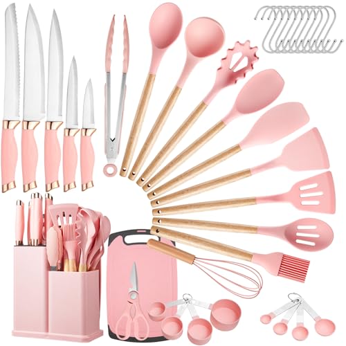 LSFCHUJU 37 Stücke Küchen Kochutensilien Set, Silikon Küchenhelfer Set mit Utensilienhalter, Hitzebeständiger Kochbesteck Set, Spülmaschinenfest, Antihaftbeschichtete (Rosa) von LSFCHUJU