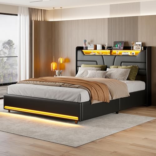 Doppelbett mit Stauraum, 140 x 200 cm, gepolstertes Bett mit LED-Streifen und hydraulischem Mechanismus, mit USB-Ladeanschluss, mit Lattenrost und Kopfteil, Bezug aus schwarzem PU von LSFYYDS