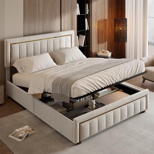Gepolstertes Doppelbett, Funktionsbett mit Hydraulikbehälter, Kopfteil für Doppelbetten aus Samt und Holzrahmen mit Lattenrost, ohne Matratze (schmutziges Weiß, 140 x 200 cm) von LSFYYDS