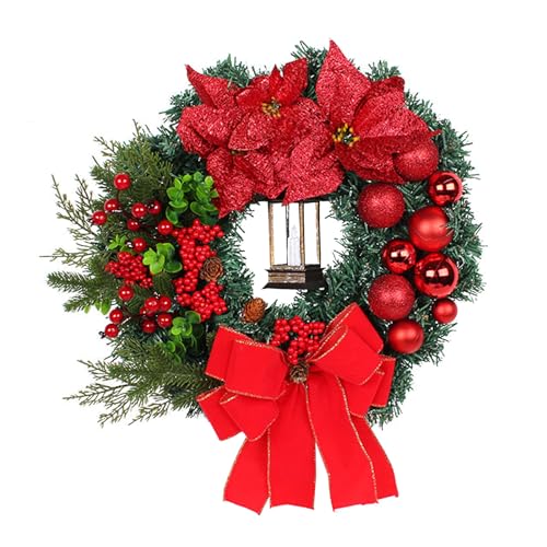 Künstlicher Weihnachtskranz, 39,9 cm Große Weihnachtskränze für die Haustür mit Weihnachtsstern-Blumen, Schleife, Kugeln, Beeren und Tannennadeln, Weihnachts-Türkranz für die Hochzeitstür(Rot) von LSFYYDS