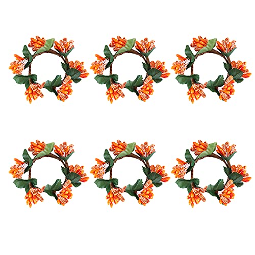 LSFYYDS 6 Stück Herbst-Kerzenringe, 4,1 cm Große Thanksgiving-Kerzenringe, Mini-Kerzenringe, Spitzkerzenringe mit Orangefarbenen Beeren und Stechpalmenblättern, Weihnachts-Serviettenringe für(Orange) von LSFYYDS