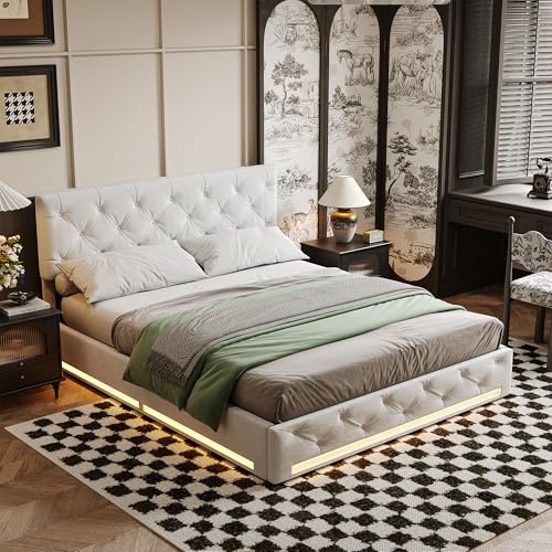LSFYYDS Doppelbett mit Stauraum, 160 x 200 cm, gepolstertes Bett mit LED-Streifen und hydraulischem Mechanismus, Kofferraumbett mit großem Stauraum, Bezug aus hellelfenbeinfarbenem Hanf von LSFYYDS