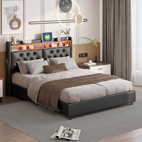 LSFYYDS Doppelbett mit Stauraum 140 x 200 cm, Doppelbett mit USB und LED-Licht, Polsterbett mit Lattenrost aus Holz, hydraulischer Stauraum, ohne Matratze, PU (140 x 200 cm) von LSFYYDS