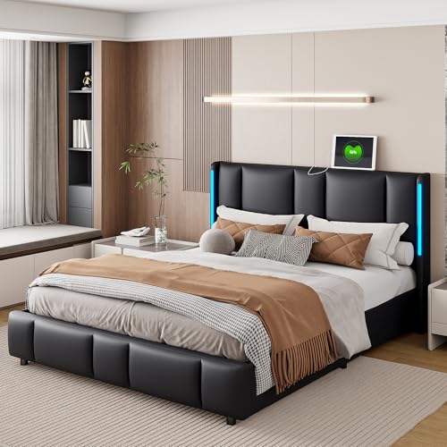 LSFYYDS Polsterbett 140 x 200 cm mit LED und USB Typ C Ladefunktion, Hydraulisch Doppelbett Bettgestell mit Lattenrost & Bettkaste Stauraumbetten, ohne Matratze von LSFYYDS