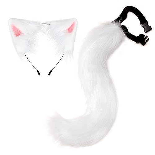 2 Stück Katze Cosplay Kostüm Set, Halloween Kostüme Katzenohren Stirnband Tier Fuchsschwanz Fox Wolf Cosplay Katzenschwanz Tierohren Schwanz Set für Erwachsene Halloween Fasching Karneval Cosplay von LSGGTIM