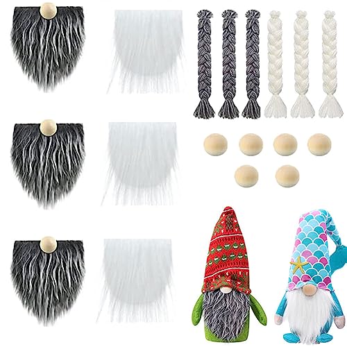LSGGTIM Weihnachten Vorgeschnittener Zwergenbart, 18PCS Kunstpelz Stoff GNOME Bart mit Holzkugeln Set Graue Kunsthaar Handgefertigter Zwergbart DIY Halloween Weihnachtsmann Bart Party Kostüm Zubehör von LSGGTIM