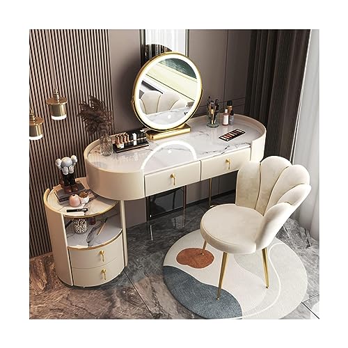 LSHTAR Vanity Schminktisch-Set, luxuriöser Samtstuhl mit 3-farbigem LED-HD-Spiegel, Tischplatte in Marmoroptik mit Aufbewahrungsschrank von LSHTAR