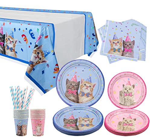 LSJDEER Katze Party Supplies, Kätzchen Party Dekorationen Einweg Geschirr einschließlich Dinnerplatten Dessertplatten Servietten Tassen Stroh Tischdecke - dienen 20 von LSJDEER