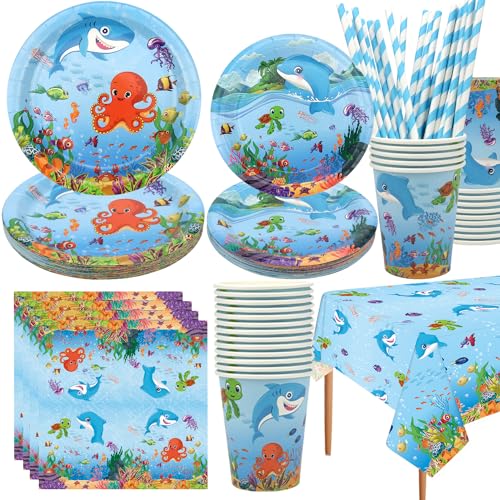 LSJDEER Under The Sea Party Supplies – Ocean Sea Partygeschirr – Speiseteller, Dessertteller, Servietten, Tischdecke, Strohhalme für Unterwasserwelt-Geburtstagsparty-Dekorationen, für 20 Personen von LSJDEER