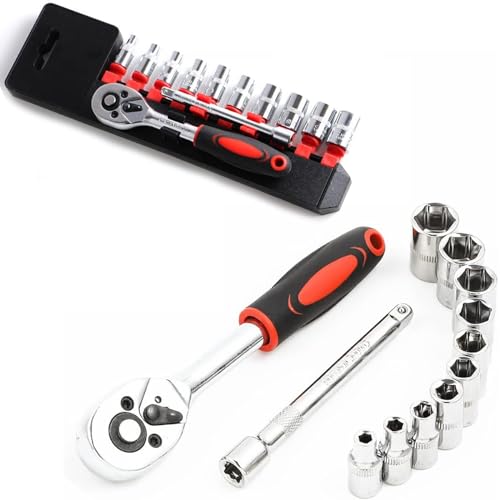 LSLANSOON 1/4-Zoll-Ratschen-Steckschlüssel-Set, Mechaniker-Werkzeugsatz und Steckschlüssel-Set mit Schnellspanner-Umschaltknarre und Verlängerungsstange, 12-teiliges Set von LSLANSOON