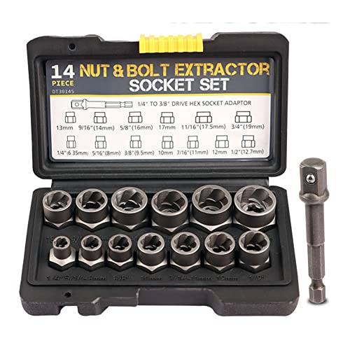 9,5mm Vierkant-Antrieb Bolzenextraktor-Set, 13-teilig 6,35-19mm Radmuttern-Entferner-Set inkl. 1x 6,35mm auf 9,5mm Sechskant-Stecknuss-Adapter von LSLANSOON