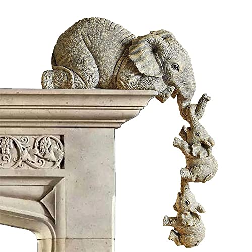 LSLANSOON Elefanten-Regalfiguren, 3er-Set mit Mutter-Elefant und 2 hängenden Baby-Elefanten, die vom Regalbrett herunterhängen, handbemalte Kunstharz-Sammelfiguren für Heimdekoration, Geschenk von LSLANSOON