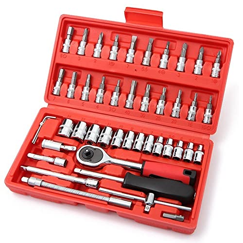 LSLANSOON 46 Piece 1/4" Drive Socket Set with Storage Case, Includes Metric Bit Socket Set and Extension Bar for Car Repair and Home Maintenance von LSLANSOON