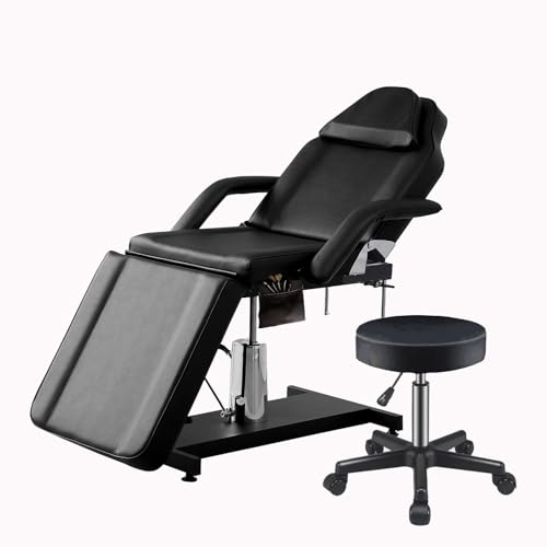 LSLIFE Hydraulischer Massagetisch mit Drehfunktion - Verstellbares 3-Segment-Behandlungsliege mit Hocker für Salon, Spa, Tattoostudio (Schwarz) von LSLIFE