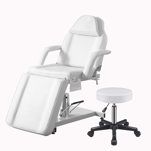 LSLIFE Hydraulischer Massagetisch mit Drehfunktion - Verstellbares 3-Segment-Behandlungsliege mit Hocker für Salon, Spa, Tattoostudio (Weiß) von LSLIFE