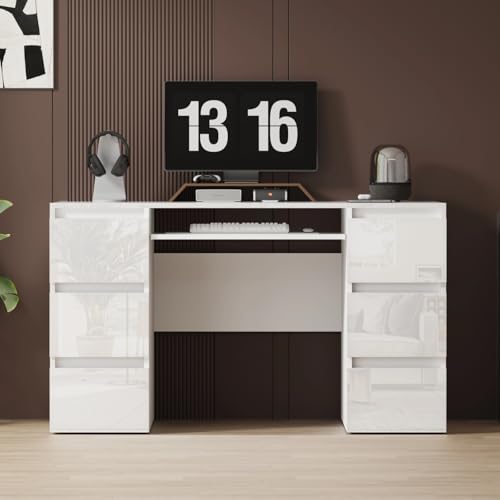 LSLIFE Weißer Hochglanz Schreibtisch mit 6 Schubladen – 120x50x70 cm Multifunktions-Schreibtisch für Homeoffice, Schminktisch & Computertisch mit Soft-Close Funktion von LSLIFE