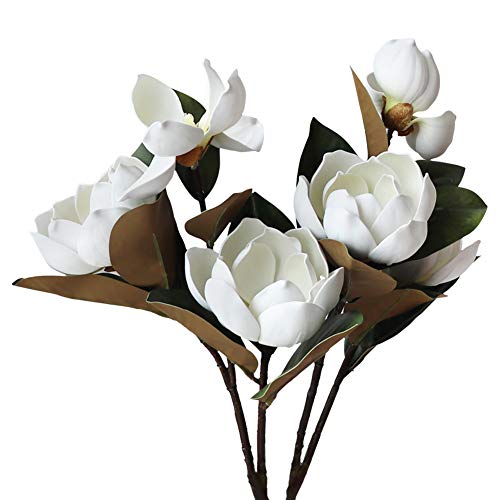 LSME Künstlicher Magnolien-Blumenstrauß mit 6 Blütenköpfen, aus weißem Schaumstoff, Langer Stiel mit grünen Blättern, Arrangement für Zuhause, Büro, Wohnzimmer, Hochzeit, Bodenvase, Dekoration von LSME