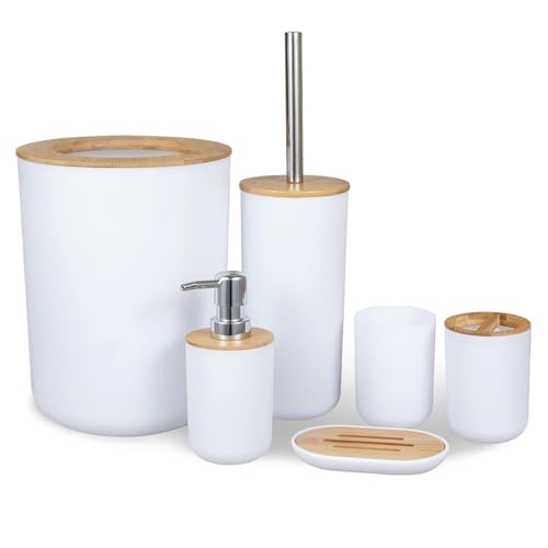 Badezimmer-Zubehör-Set 6 Teile/Satz Seife Dispenser Box Wc Pinsel Lotion Flasche Mülleimer Kunststoff Badezimmer Lagerung Set Zahnbürste Tasse Halter(White) von LSNNMU