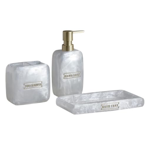 LSNNMU Badezimmer-Zubehör-Set Badezimmer-Accessoires, weißes Perlmutt-Look, Badezimmer-Waschtisch-/Arbeitsplatten-Zubehör-Set, Seifenspender, Zahnbürstenhalter-Set, Tablett von LSNNMU
