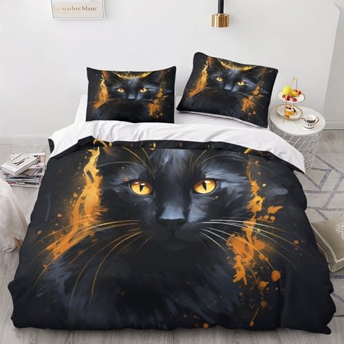 LSORU Black Cat Jungen Teenager Bettbezug Set Modern Bettwäsche Dekorativ Betten Set Polyester Für Kinder Männer Bettbezüge King（220x240cm） von LSORU