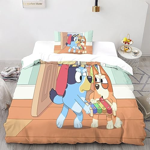 LSORU Bluey 3D Bettwäsche Set Drucken Betten Set Jugendliche Bettbezug Mit Mikrofaser Reißverschluss Schließung Kopfkissenbezug Weich Haltbar Atmungsaktive Single（135x200cm） von LSORU