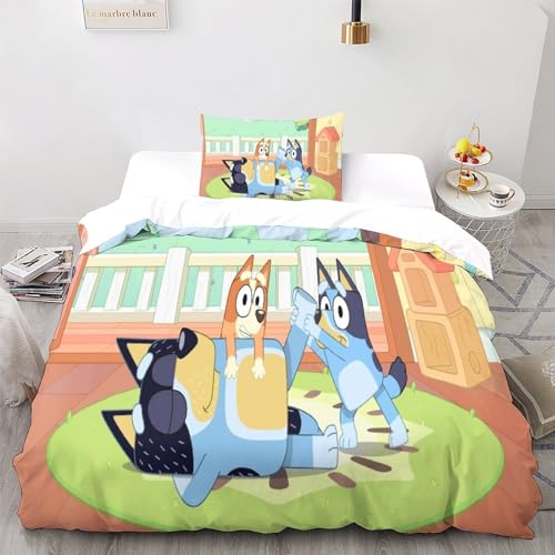 LSORU Bluey Bettwäsche 3 Teilig Bettwäsche Set Mit Reißverschluss Bettbezug Und Kissenbezug Für Erwachsene Teenager Kinder Single（135x200cm） von LSORU