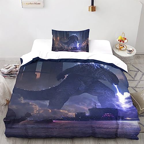 LSORU Godzilla Bettbezug-Set Bedrucktes Weiches Mikrofaser-Bettwäsche-Set Für Erwachsene Teenager Kinder 3 Stück Mit Reißverschluss Für Heimtextilien Single（135x200cm） von LSORU