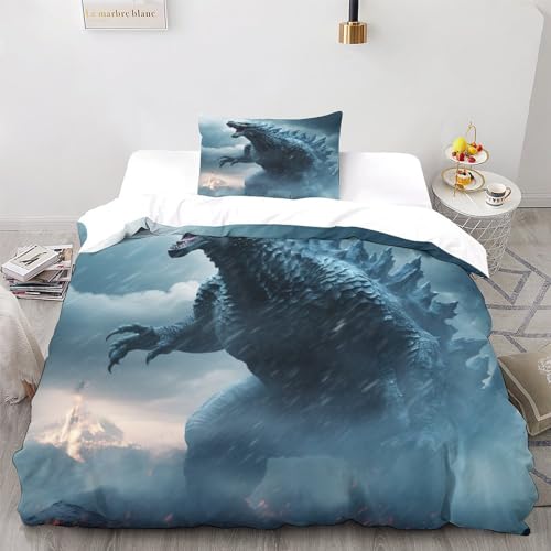 LSORU Godzilla Bettwäsche 3 Teilig Bettwäsche Set Mit Reißverschluss Bettbezug Und Kissenbezug Für Erwachsene Teenager Kinder Single（135x200cm） von LSORU
