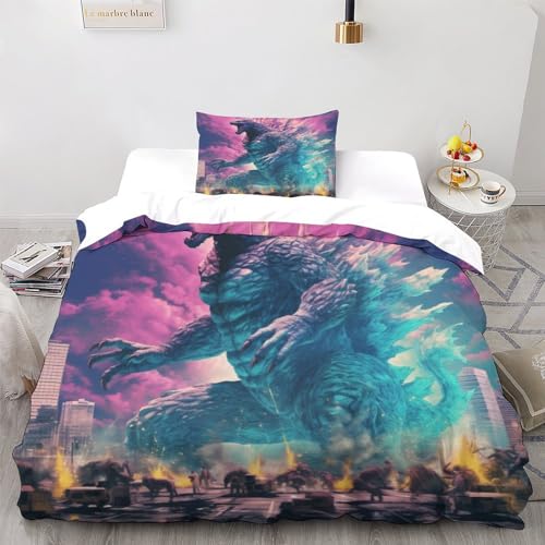 LSORU Godzilla Bettwäsche 3D Bettbezüge Schlafkomfort Microfaser Bettbezug Set 3-teilig Für Jugendliche Jugend Mädchen Jungen Bettbezug Single（135x200cm） von LSORU