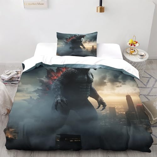 LSORU Godzilla Bettwäsche Bettwäsche Set Microfaser Bettbezug Und Kissenbezug Mit Reißverschluss 3 Teilig Sets Für Erwachsene Teenager Kinder Single（135x200cm） von LSORU