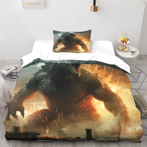 LSORU Godzilla Bettwäsche-Sets Mit 3D-Druck Bettbezug Set, Mikrofaser Bettbezug Mit Reißverschluss Und Kissenbezug Weich Haltbar Atmungsaktive Single（135x200cm） von LSORU