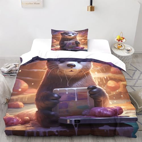 LSORU Otter Bettwäsche 3 Teilig Bettwäsche Set Mit Reißverschluss Bettbezug Und Kissenbezug Für Erwachsene Teenager Kinder Single（135x200cm） von LSORU