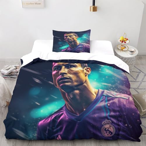 LSORU Ronaldo 3D Bettwäsche Set Kinder Erwachsene, Microfaser Bettbezug Und Kissenbezüge Mit Reißverschluss Weich Haltbar Atmungsaktive Single（135x200cm） von LSORU