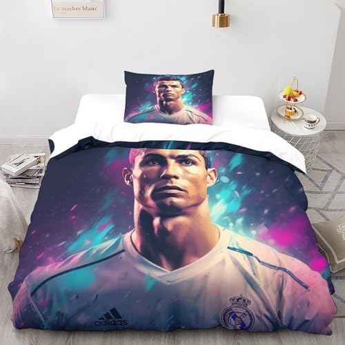 LSORU Ronaldo Bettwäsche 3D Bettbezug Set Mit Reißverschluss Und Kissenbezug, Mikrofaser Bettbezüge 3 Teilig Für Erwachsene Kinder Single（135x200cm） von LSORU