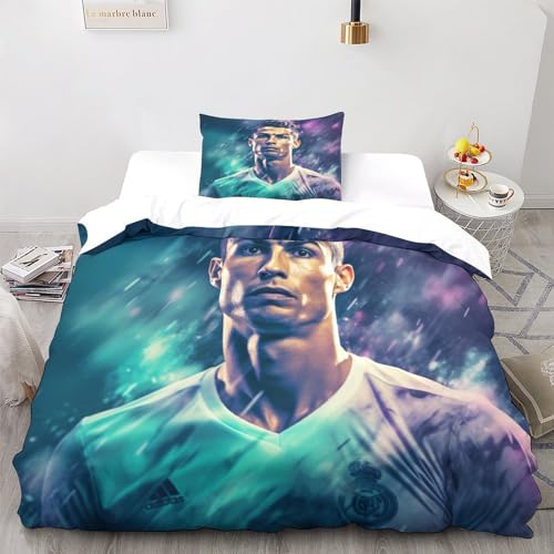 LSORU Ronaldo Bettwäsche 3D Print Bettbezug 3 Teilig Weiche Mikrofaser Kinder, Jungen, Mädchen Und Kissenbezug Haltbar Atmungsaktive Single（135x200cm） von LSORU