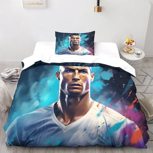 LSORU Ronaldo Bettwäsche Bettbezug Set Und Kissenbezug,bettwäsche Für Jungen Und Mädchen,3D Digital Print Dreiteiliger Bettwäsche,Mikrofaser Bettbezüge Single（135x200cm） von LSORU