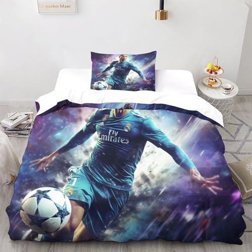 LSORU Ronaldo Bettwäsche Set Bettbezug 3D Bedruckte Betten Für Kinder Jungen Mädchen Thema Raumdekor Für Schlafzimmer, Weiche Bequemer Single（135x200cm） von LSORU