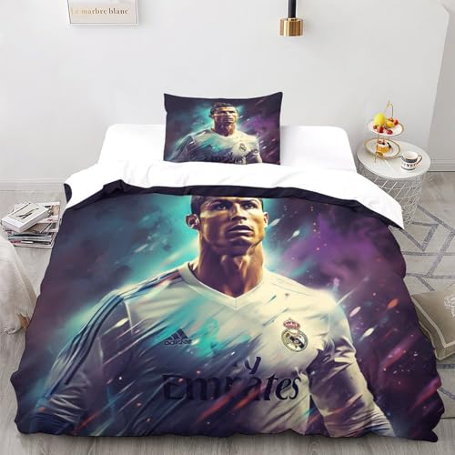 LSORU Ronaldo Drucken Bettbezug Bettwäsche Set 3teilig 3D Bettwäsche-Set Mädchen Junge Kinder Deluxe Mikrofaser Weiche Bettbezug Mit Reißverschluss Und Kissenbezüge Single（135x200cm） von LSORU