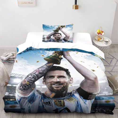 Linen Messi Bettwäsche Set Kinder Mikrofaser Bettbezüge 3D Gedruckt Bettbezug 3 Teilig Mit ReißVerschluss,Soft Bettwaren Single（135x200cm） von LSORU