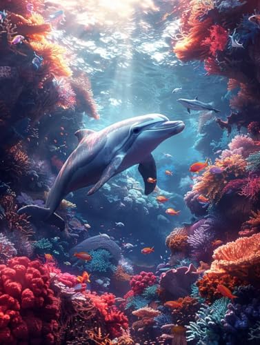Malen Nach Zahlen Erwachsene Delphin, Malen Nach Zahlen Unterwasserwelt, Paint by Numbers DIY Handgemalt Ölgemälde Kit Mit 3 Pinsel und Acrylfarbe, Deko Wohnzimmer und Zimmer Deko 60x80 cm 8-5982 von LSPKKYOU