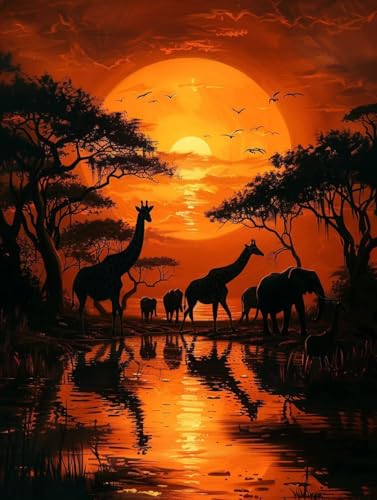 Malen Nach Zahlen Erwachsene Sonnenuntergang, Malen Nach Zahlen Tier, Paint by Numbers DIY Handgemalt Ölgemälde Kit Mit 3 Pinsel und Acrylfarbe, Deko Wohnzimmer und Zimmer Deko 50x65 cm 5-6918 von LSPKKYOU