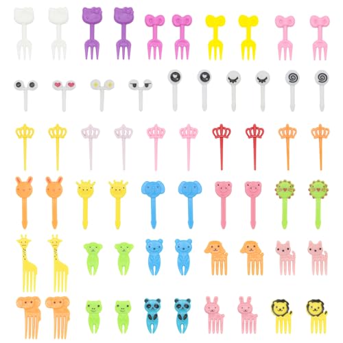 LSRVNM 60 Stück Obstgabeln Kinder Cartoon Tiere Zahnstocher Food Picks Bento Box Zubehör, Mini Gabel Piekser Fingerfood Picks Wiederverwendbar Obst Zahnstocher für Desserts Party von LSRVNM
