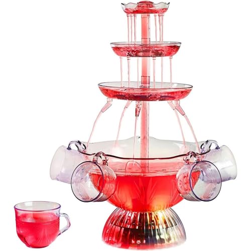 LSWKG Getränkebrunnen, 3-stufiger Rotwein Partybrunnen aus Kunststoff mit 5 wiederverwendbaren Bechern und LED-beleuchtetem Sockel, Vintage-Partybrunnen,getränke Tower von LSWKG