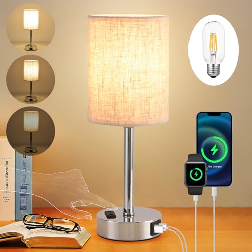 LED Nachttischlampe Touch Dimmbar, Modern Tischlampe mit USB A+C-Ladeanschluss, Leinen Lampenschirm, Metall Basis, kleine Lampe, für Schlafzimmer, Büro, Wohnzimmer, (Inklusive Glühbirne) (Beige） von LSWZZ