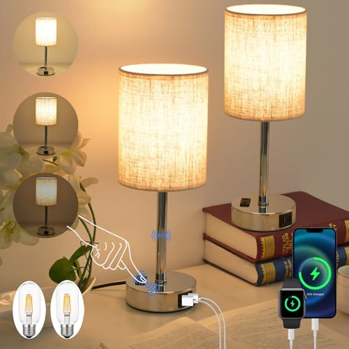 LSWZZ LED Tischlampe Touch Dimmbar 2er Set, Nachttischlampe vmit Ladefunktion USB A+C-Anschlüssen, Kleine Lampe für Nachttisch Schlafzimmer Wohnzimmer Babyzimmer Büro(Beige-2 Stück) von LSWZZ