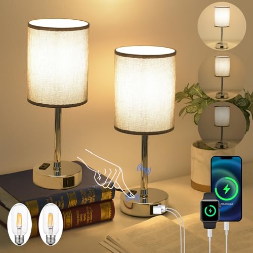 LSWZZ LED Tischlampe Touch Dimmbar 2er Set, Nachttischlampe vmit Ladefunktion USB A+C-Anschlüssen, Kleine Lampe für Nachttisch Schlafzimmer Wohnzimmer Babyzimmer Büro (Grau-2 Stück) von LSWZZ