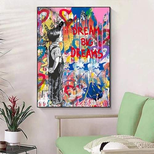 Banksy-Kunstwerk DREAM BIG DREAMS Graffiti-Kunst auf Leinwand, Gemälde an der Wand, moderne Straßenkunst-Poster und Drucke für die Inneneinrichtung, 70 x 90 cm (28 x 35 Zoll), rahmenlos von LSYALUCK