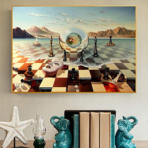 Kunstwerk Salvador Dali Surrealismus Schach auf Meer Leinwanddrucke Gemälde an der Wand Kunst abstrakte seltsame Poster Bild Heimdekoration 50 x 75 cm (20 x 30 Zoll) rahmenlos von LSYALUCK